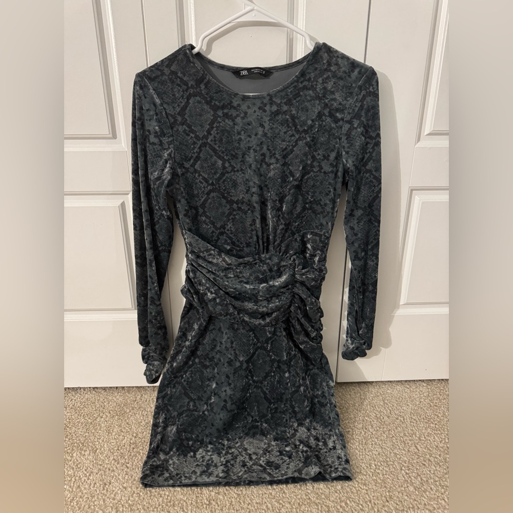 Zara Olive Green Elegant Gray Velvet Dress
